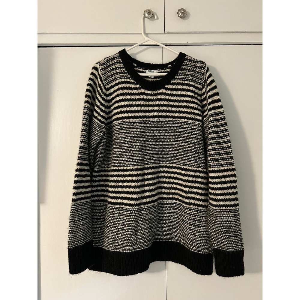 Old Navy Womens XXL Black White Striped Wool Blend Crewneck Sweater 938478-02